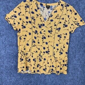 Lee Floral Pull-over Top Women Small Short Sleeve V- Neck Mustard Color Peplum